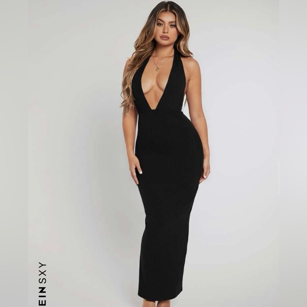 Black open back plunging neck bodycon midi dress